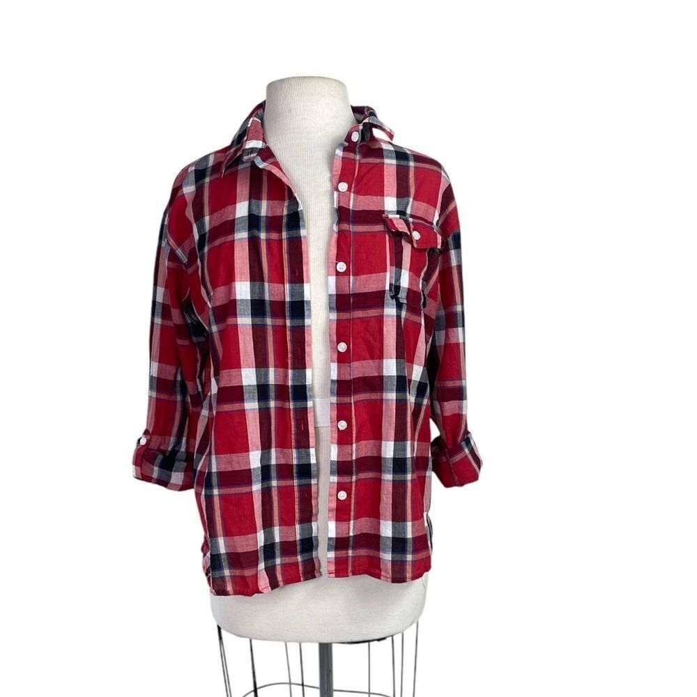Red Plaid Button-Up Sheer shirt sz L Poetry